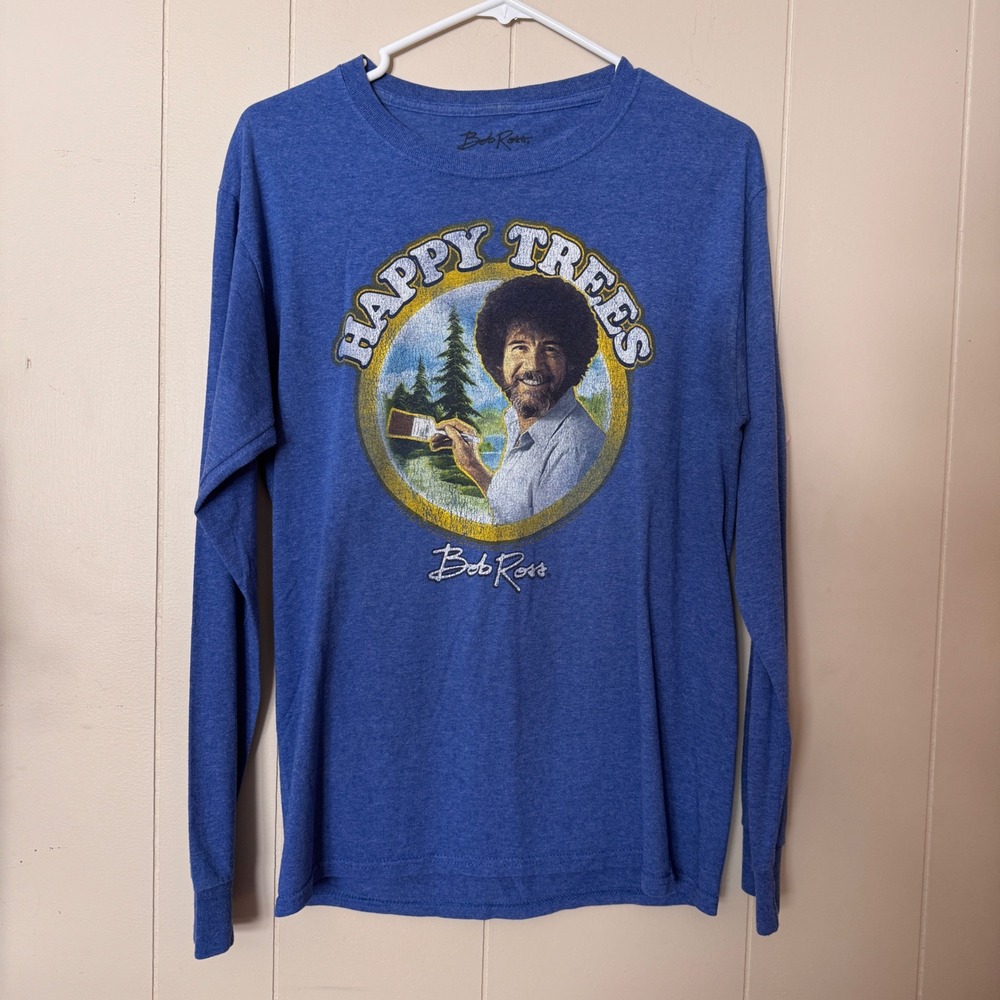 Bob Ross Happy Trees Graphic Long‎ Sleeve T-Shirt Heather Blue Mens Small S